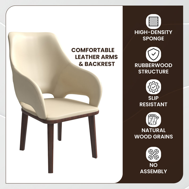 Kashley Mid-Century Modern Dining Chair, Fully Assembled Leather Armchair with Solid Rubberwood Legs, 330lb Capacity, Walnut Finish Flared Back Accent Chair for Dining Room & Home Office