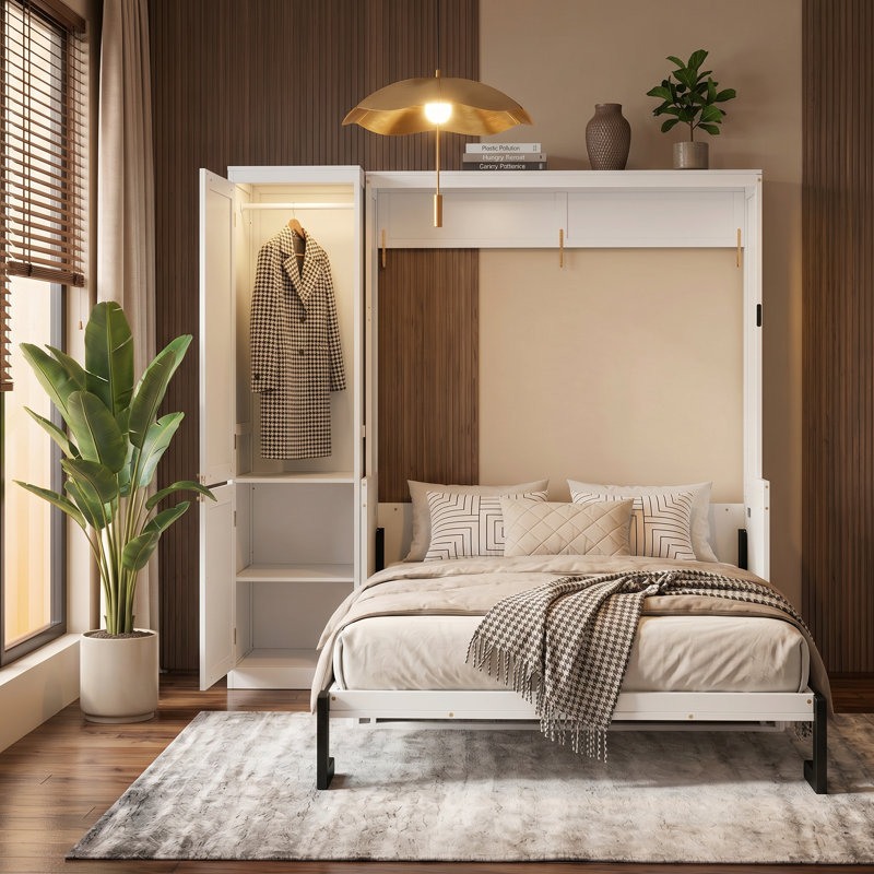 Grand lit escamotable en bois avec garde-robe, lit escamotable mural peu encombrant avec bureau, vérins à gaz et station de charge, armoire murale multifonctionnelle pour la chambre à coucher