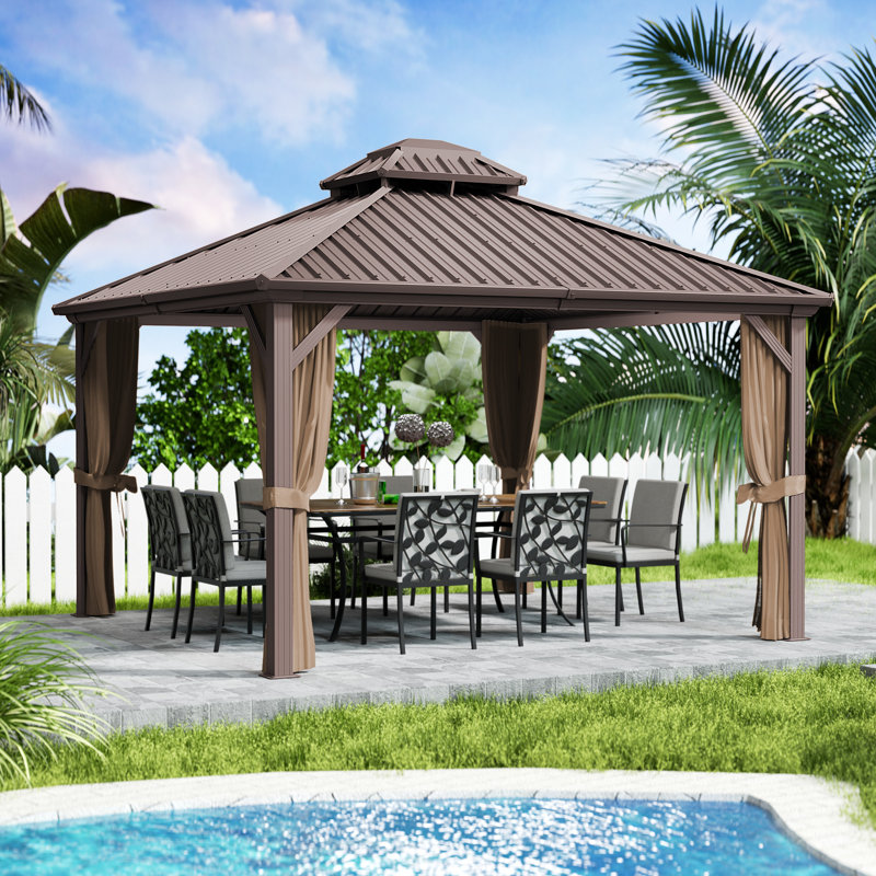 Kozyard Caesar Gray Double Roof Hardtop Gazebo with Privacy Curtain and Mosquito Netting, White, Gray, 144" x 144"