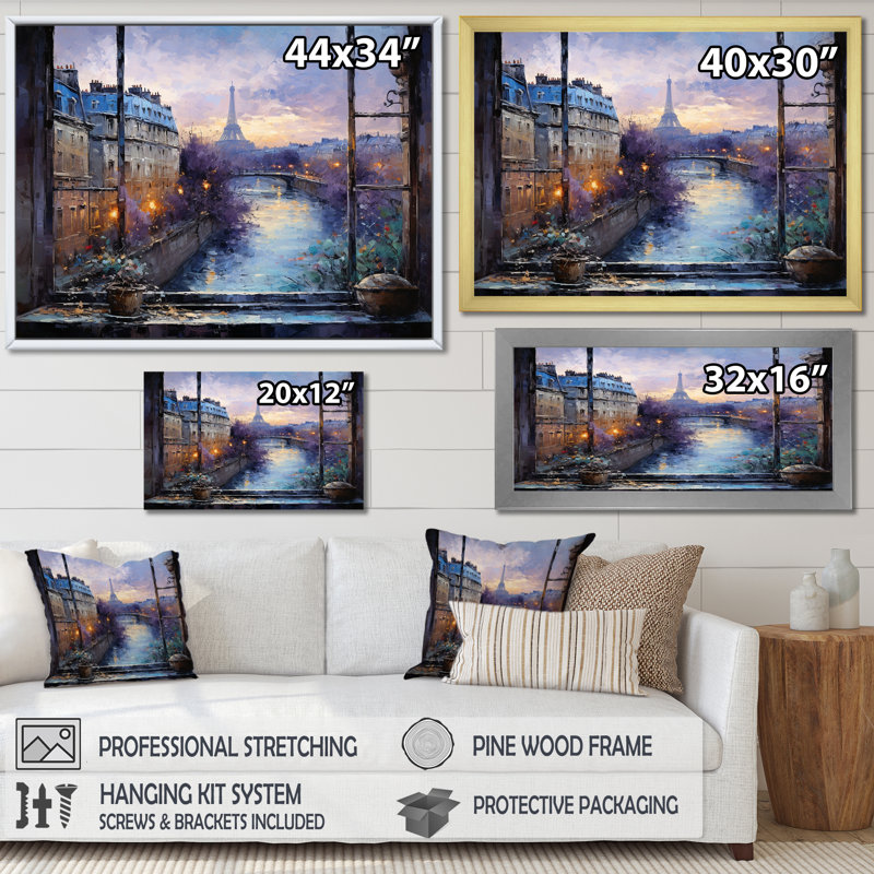 Vue de la fenêtre de Paris au coucher du soleil - Art mural Paris, Toile tendue, H 16 po x l 32 po x P 1 po
