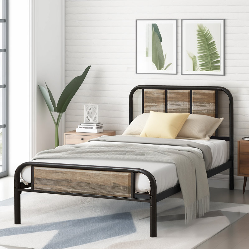 Structure de lit simple Kempst avec tête et pied de lit en bois, lit plateforme industriel en métal avec support à lattes robustes, aucun sommier tapissier, gris ardoise
