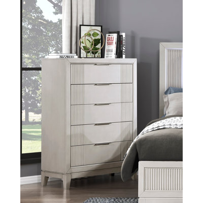 Modern 5-Drawer Chest 37"W x 17"D x 52.5"H, Wood+Engineered Wood, 1 Piece, Chest, Antique White, with Reeded Accent Fronts and Chrome Edge Pulls