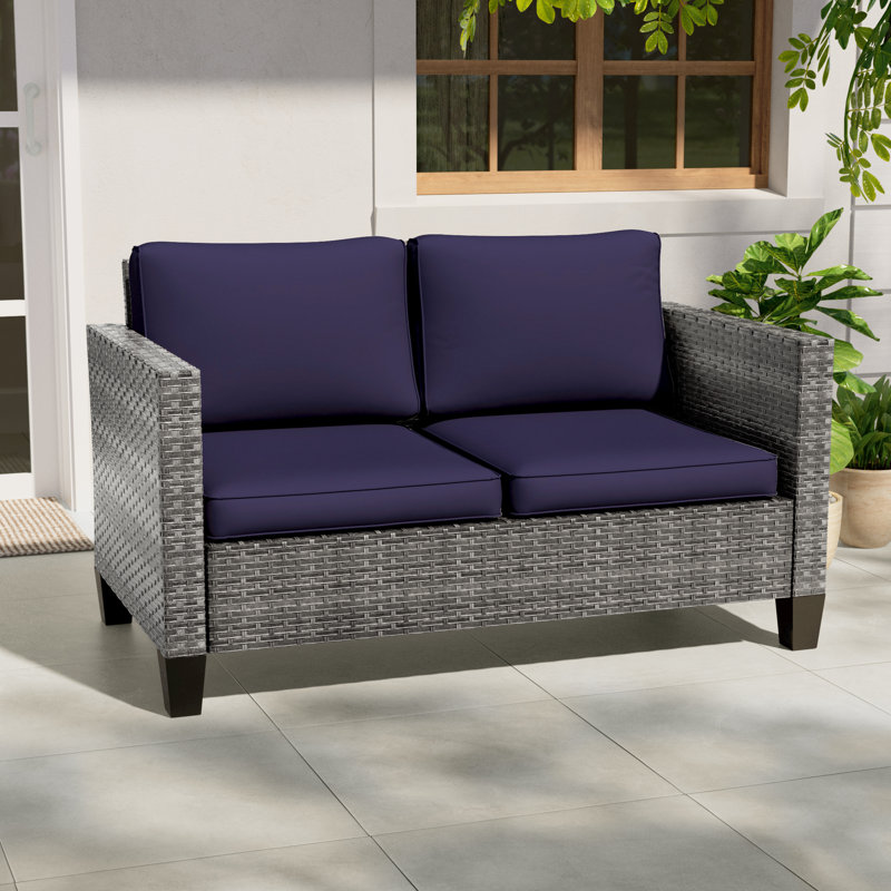 Patio Loveseat Sofa PE  Rattan Set With Thick Cushions and Sturdy Frame, Gray, Navy Blue