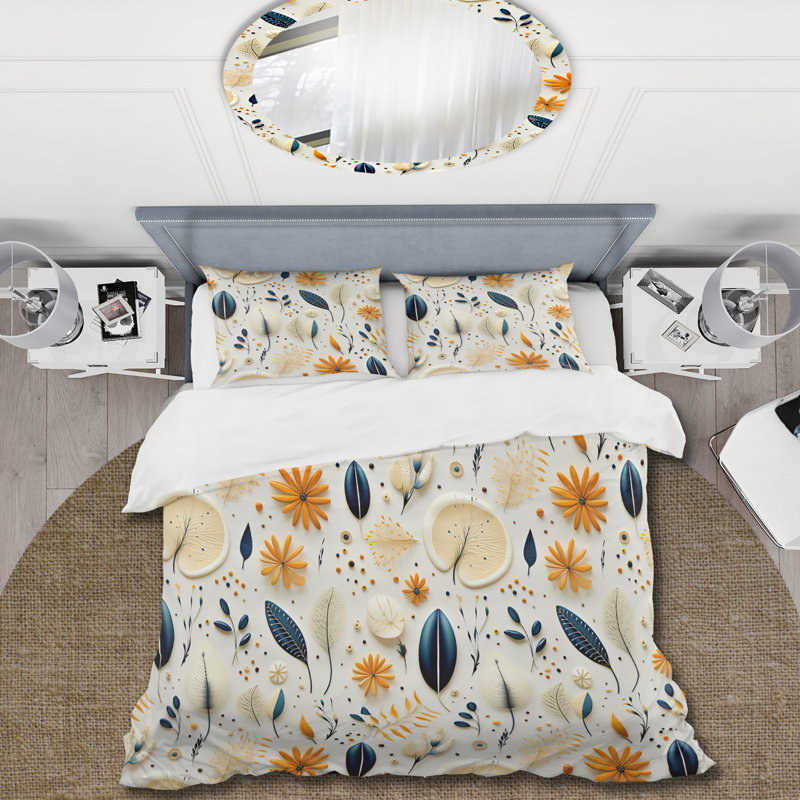 Literie à motif de fougères bleues et blanches, Housse de couette pour grand lit et 2 taies décor