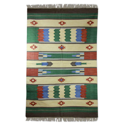Tapis de zone vert/beige tissé à la main Carriere