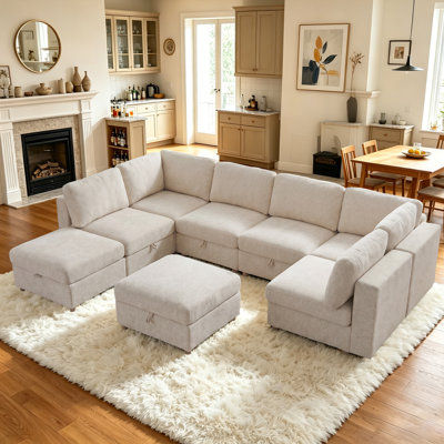 132.4" U Shaped Cloud Couch Sectional Sofas with Underseat Storage, Movable Ottomans