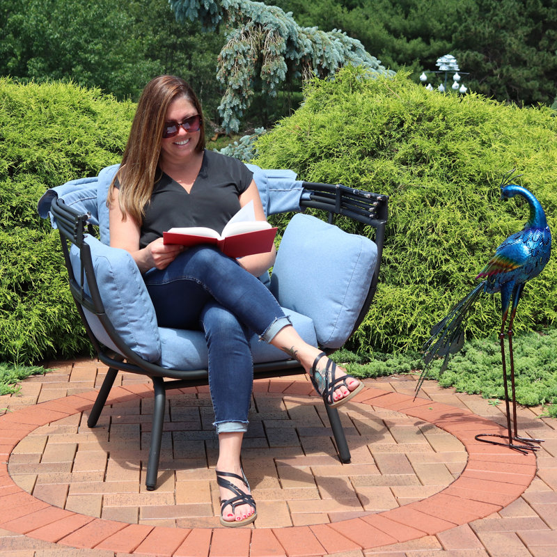 Akendra Modern Luxury Patio Chair With Retractable Canopy and Cushions - Blue, Blue