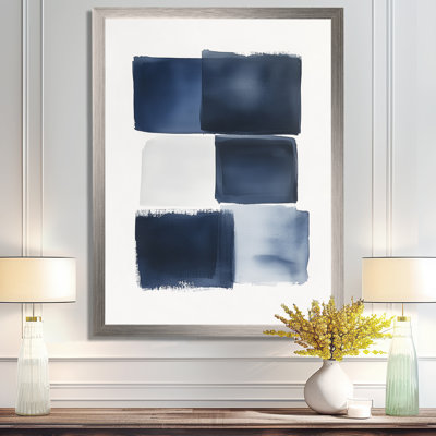 Horizon bleu, blanc et indigo II - Tableau abstrait moderne de transition encadré