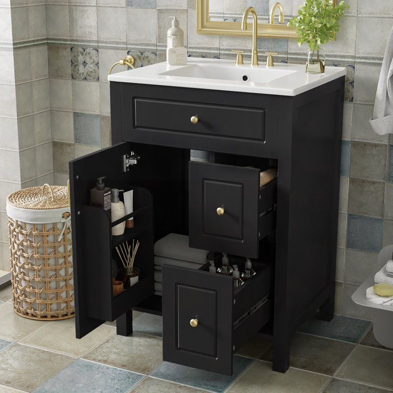 Meuble-lavabo 24 po avec lavabo en céramique, 1 porte à fermeture en douceur, 2 tiroirs à fermeture en douceur et 2 supports de rangement sur la porte