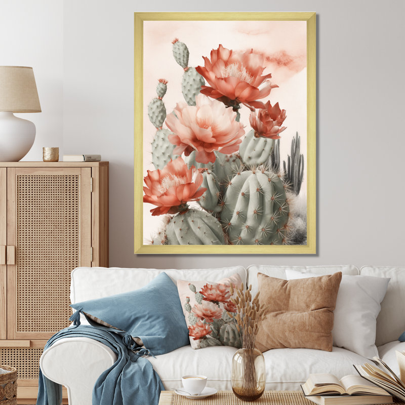 Cactus du désert rouge Louver sur toile, Cadre doré, H 44 po x l 34 po