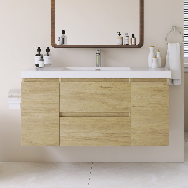 Meuble-lavabo mural simple 48 po avec plateau en résine intégré blanc, 48", Jaune