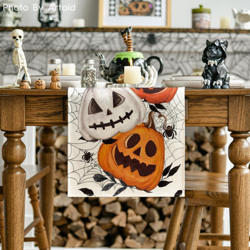 Chemin de table 210 g / m² Halloween 13 x 72 pouces | Toile d'araignée citrouille, décoration de table de salle à manger de cuisine saisonnière