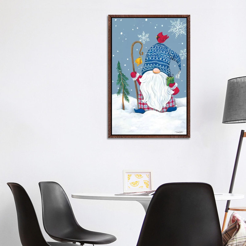 Snowy Gnome With Present by Diane Kater - Print on Canvas, Classic Brown Wood Framed, 101.6 cm H x 66.04 cm W