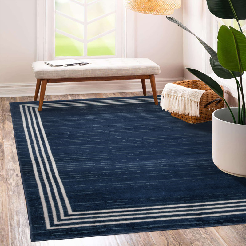 Tapis bleu / blanc en polypropylène tissé à la machine Galatea, Rectangle 6 pi 7 po x 9 pi 2 po