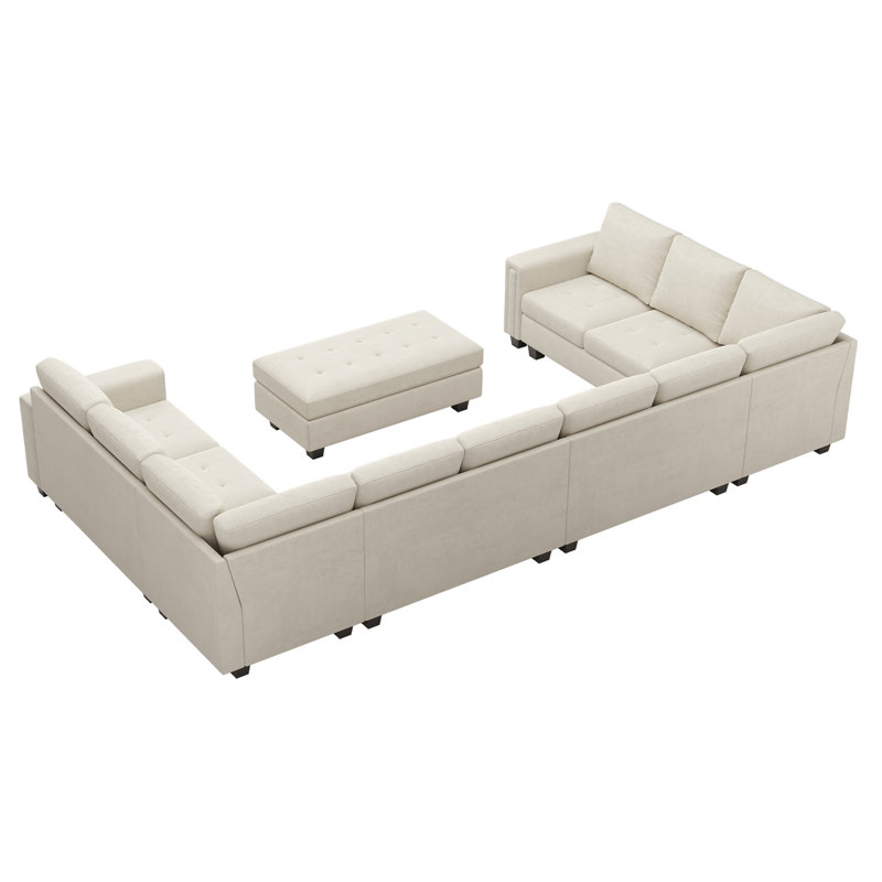 Shavera 155.8" W Velvet Upholstered 8-Person Sectional with Ottoman , Beige Velvet