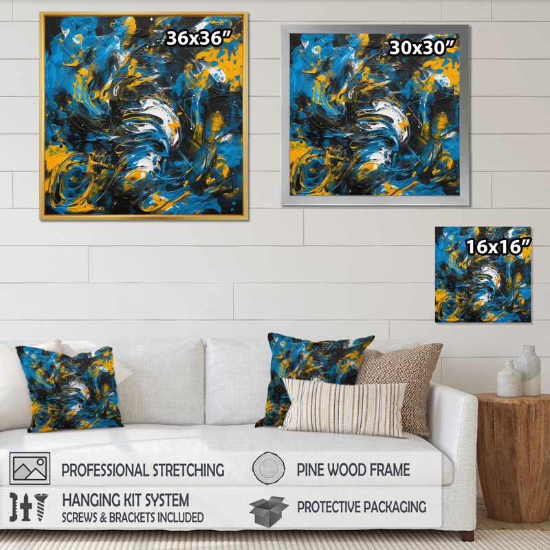 «Blue and Yellow Abstracted Realms II», reproduction d'art sur toile, Cadre flottant noir, H 16 po x l 16 po x P 1 po