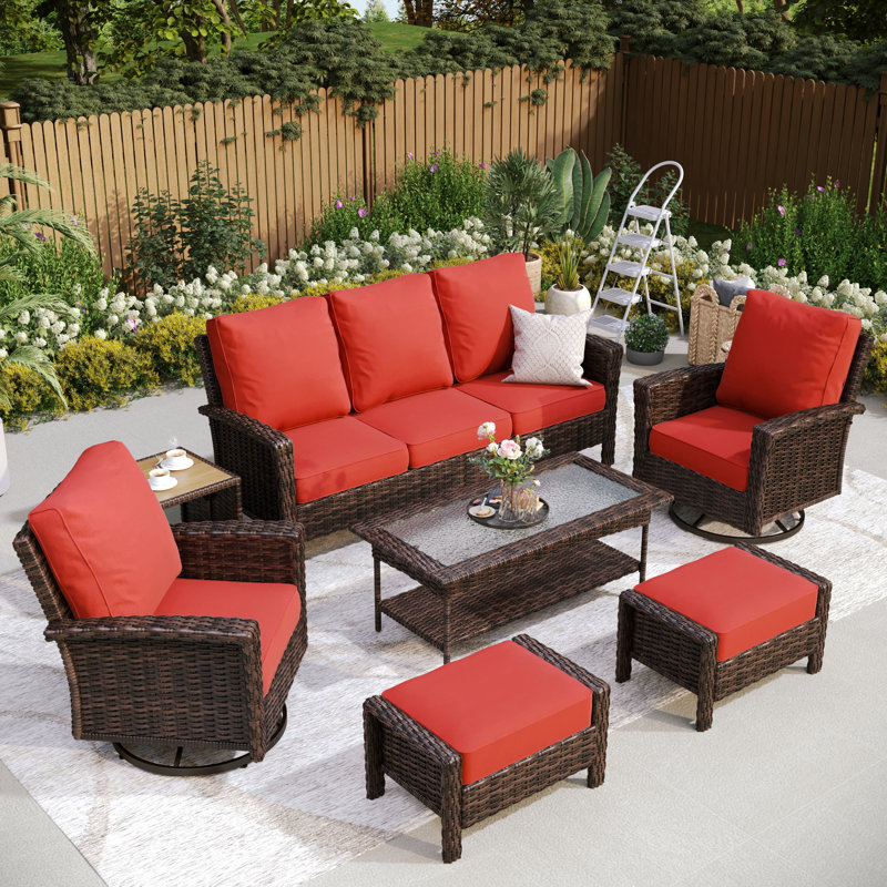 Outdoor Wicker Patio Conversation Furniture Set, Red, No