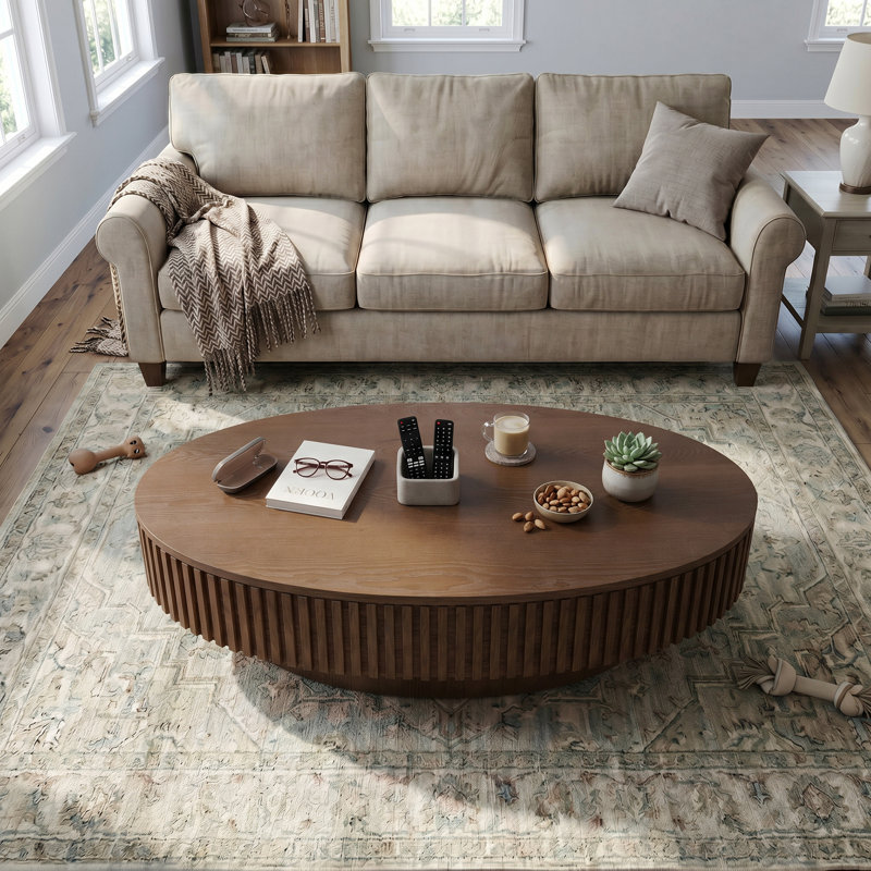 Table basse ovale moderne en noyer de 47 pouces avec rangement, table à thé d'appoint en placage de bois massif pour le salon, la chambre et le bureau