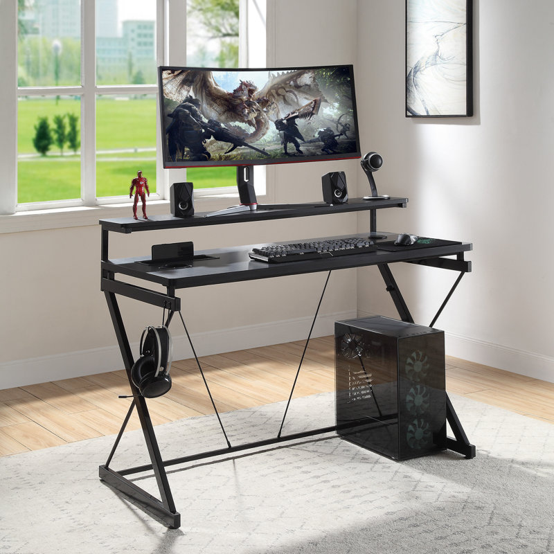 Metal Base Computer Desk with Power Outlet, Black, Black