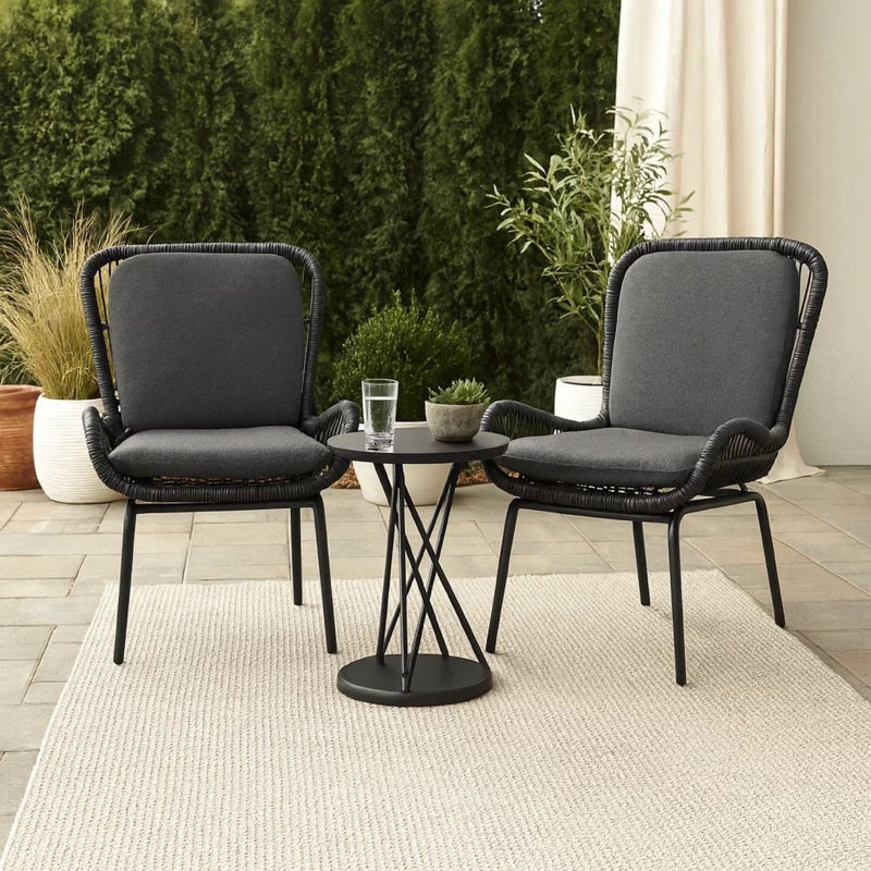 Ensemble de 2 chaises d'appoint de patio, osier ouvert, bord arrondi, fer noir, gris