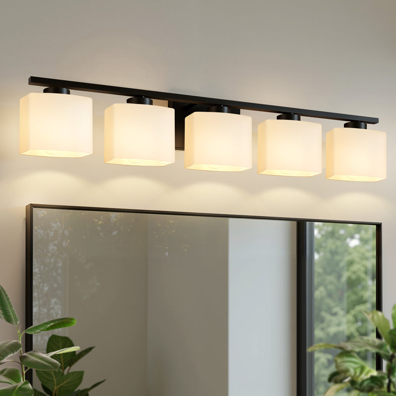 Dimmable Vanity Light For Bathroom Bedroom With Square Milk White Shade, 5 Lights, 7.1" H x 39.8" D x 6.5" W