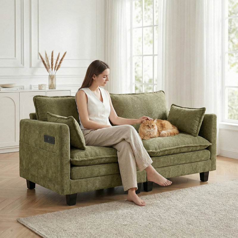 Canapé moderne en chenille vert moderne, canapé compact à 2 places avec deux ports de chargement USB et poches latérales, petit canapé pour chambre, bureau, appartement.