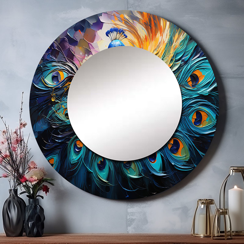 Peacock Feather Drips II - Peacock Large Mirror, Modern Round Decorative Wall Mirror, Printed Metal Art, 29" x 29"