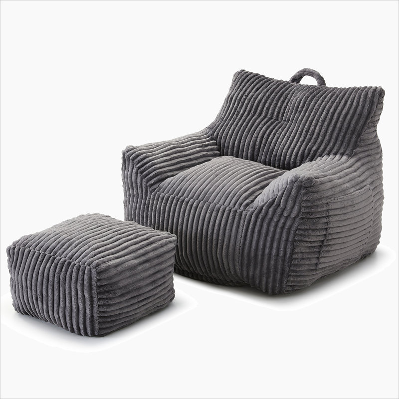 Corduroy Bean Bag Chair With Ottoman,Comfy Foam Large Lazy Sofa, Gray