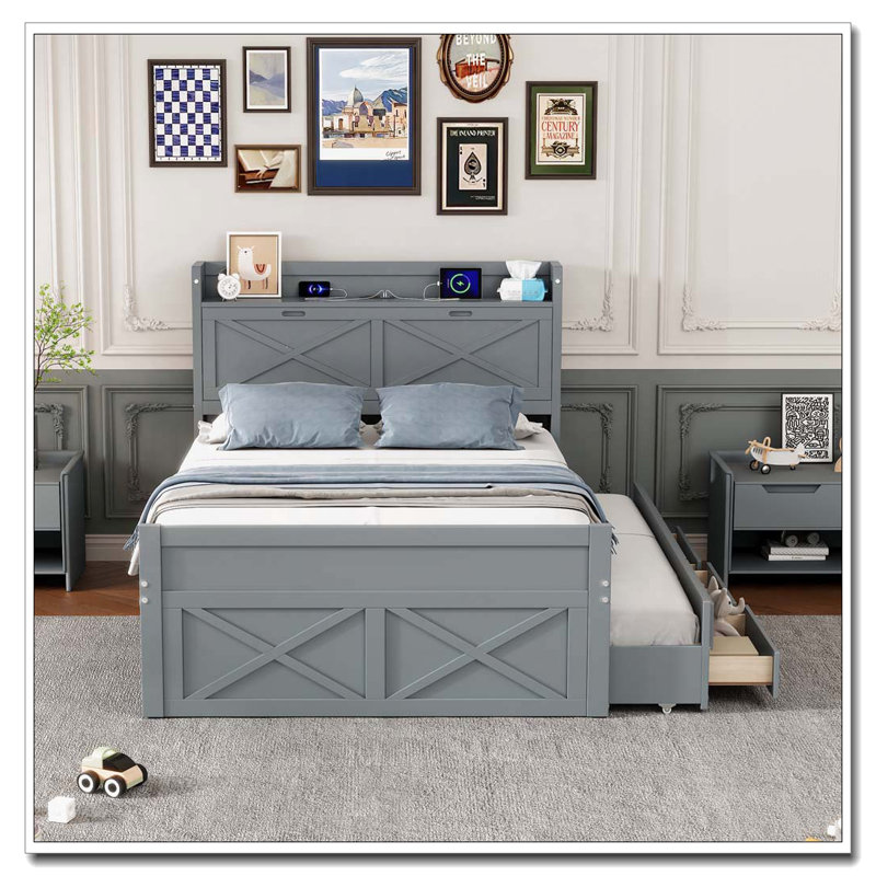 Lit en bois avec tête de lit avec prises de courant, lit extensible avec lit gigogne et trois tiroirs de rangement, Blanc