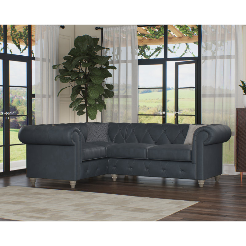 Melrose 3 Seater Leather Corner Sofa , Left Hand Facing, Navy, Washed Oak