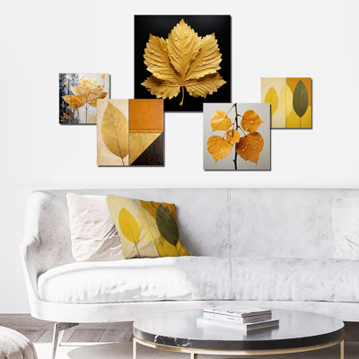 Feuilles d'or géométriques II - ensemble d'art mural 5 feuilles