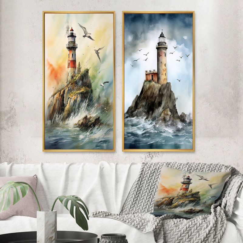 «Ocean Watchtower», 2 pièces sur toile, H 32 po x l 32 po, Encadrement doré