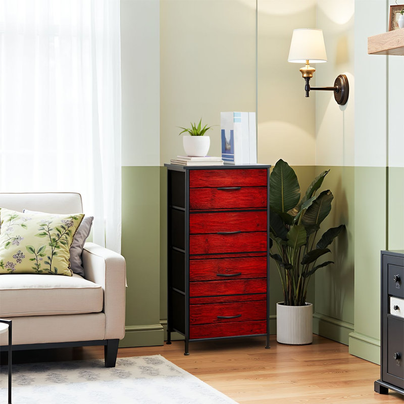 Commode 4 tiroirs pour chambre à coucher, commode étroite, plateau en bois et structure en fer 18 "x 37,5" - (H x H) - avec impression en bois rouge