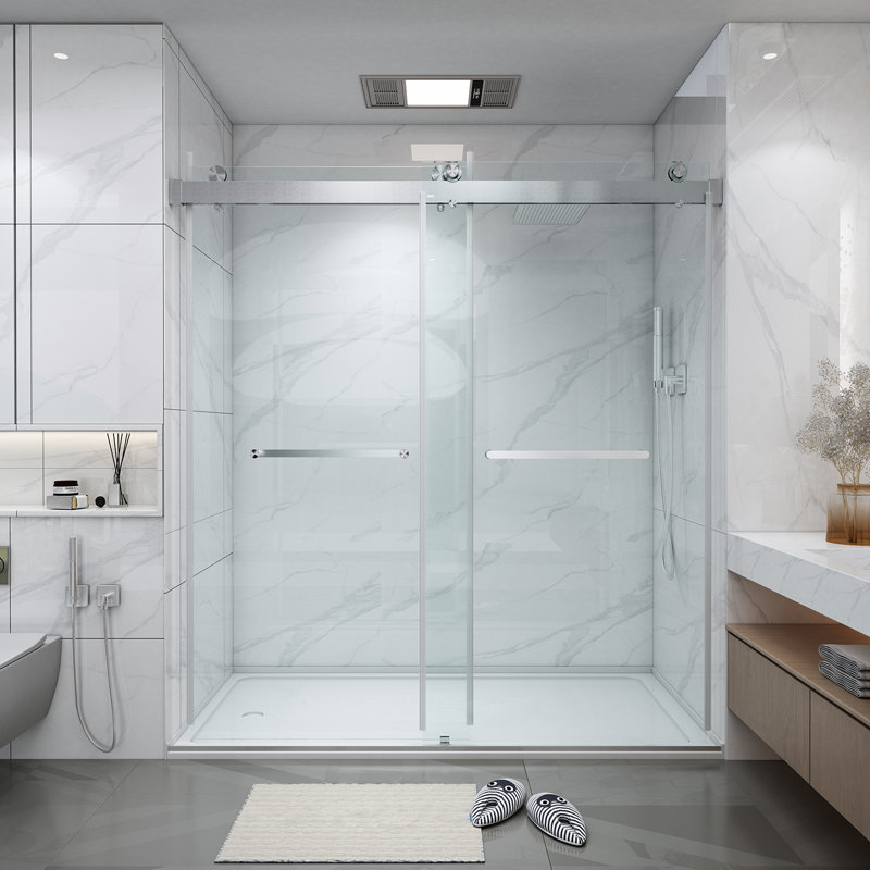 Tempered Glass Double Sliding Framless Shower Door, Brush Nickel, 72"