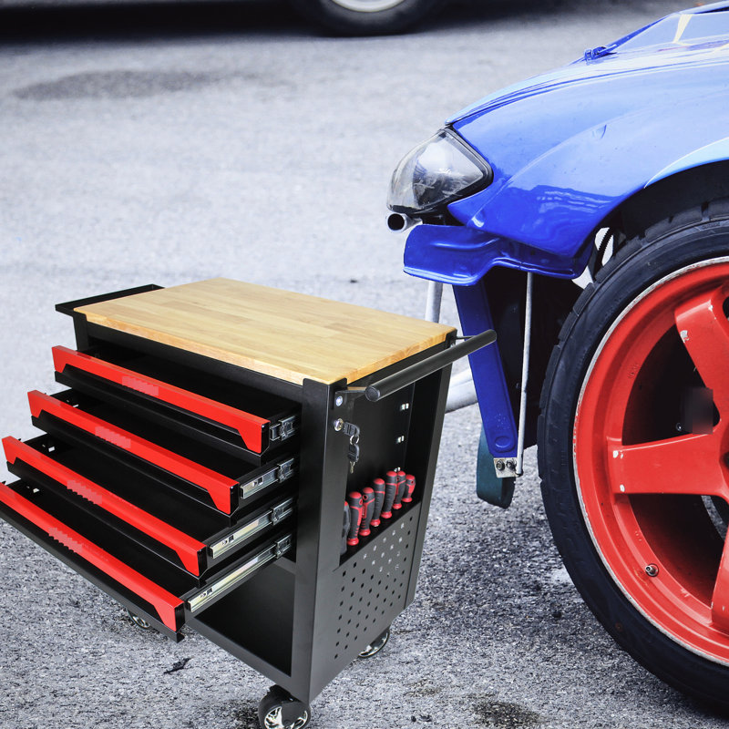 Chariot à outils en métal 4 tiroirs avec tablette et roulettes réglables
