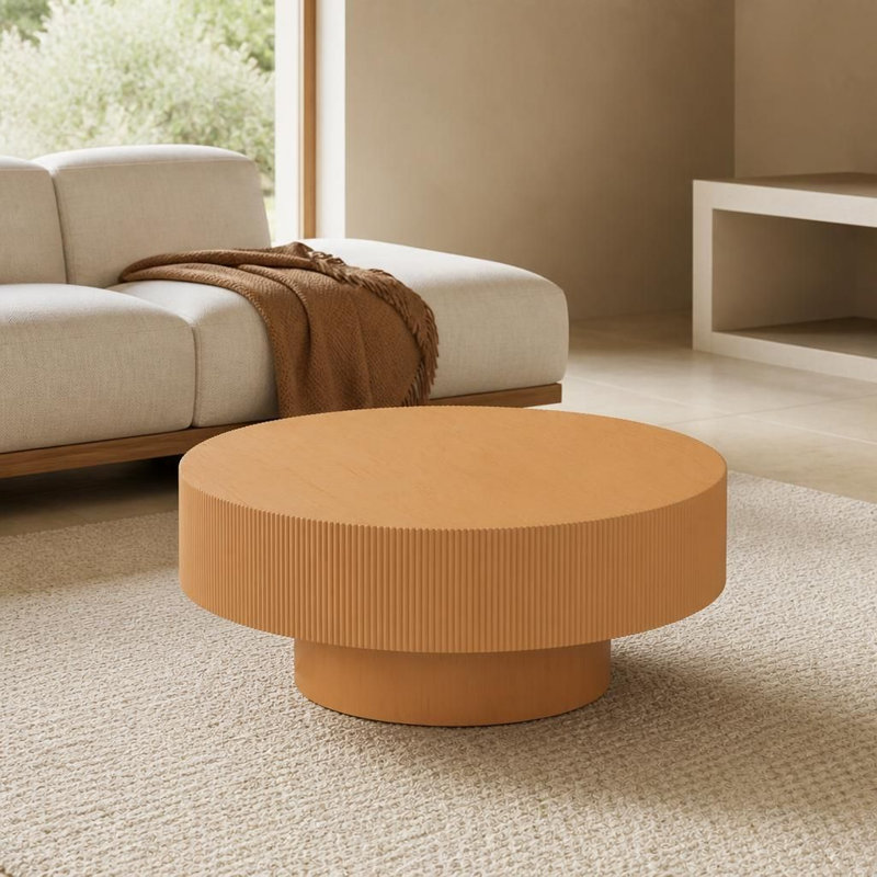 Table basse ronde avec plateau épais, table de bout de style tambour moderne, table centrale cannelée minimaliste avec base robuste