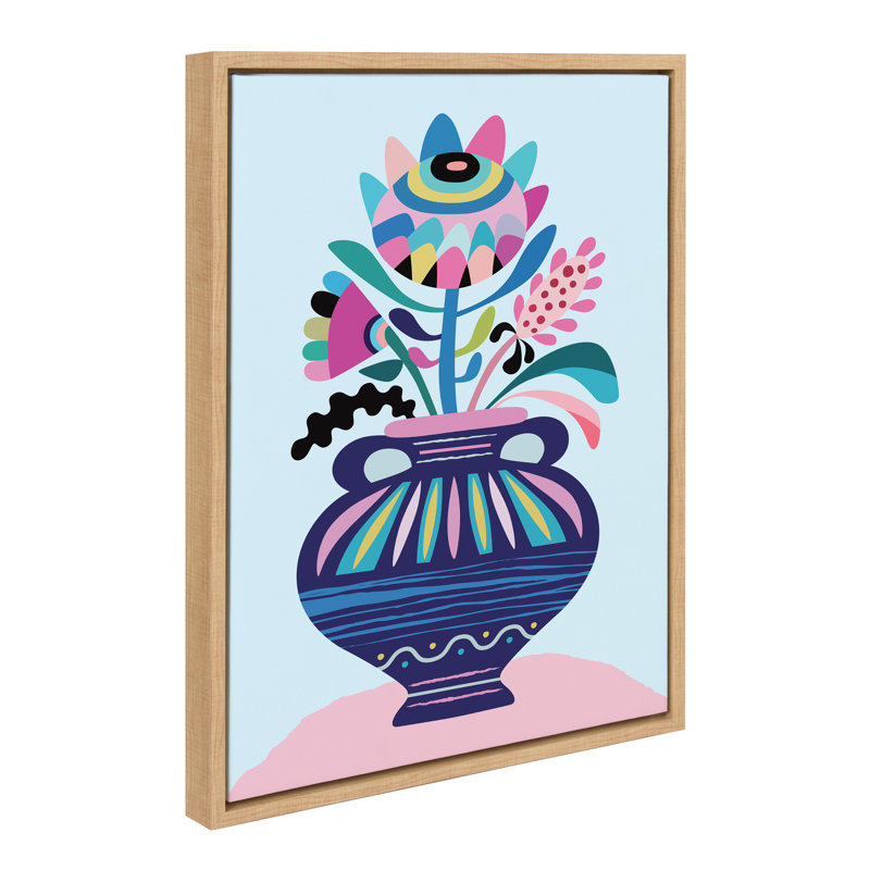 «Mid Century Modern Whimsical Floral» par Rachel Lee, 3 oiseaux, reproduction d'art sur toile encadrée, Naturel