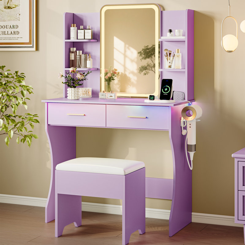 Ensemble de coiffeuse avec miroir à DEL Lacorsha, tabouret de bureau avec prise de courant, 2 tiroirs, 6 tablettes avec éclairage lumineux, 1 support pour sèche-cheveux