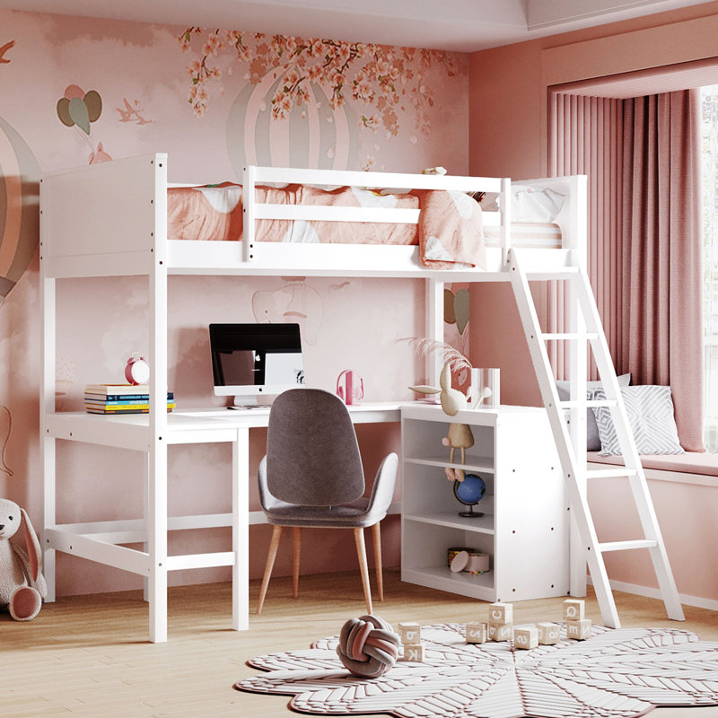 Lit mezzanine multifonctionnel en bois avec tablettes et bureau, idéal pour dormir, étudier et économiser de l'espace dans les chambres modernes