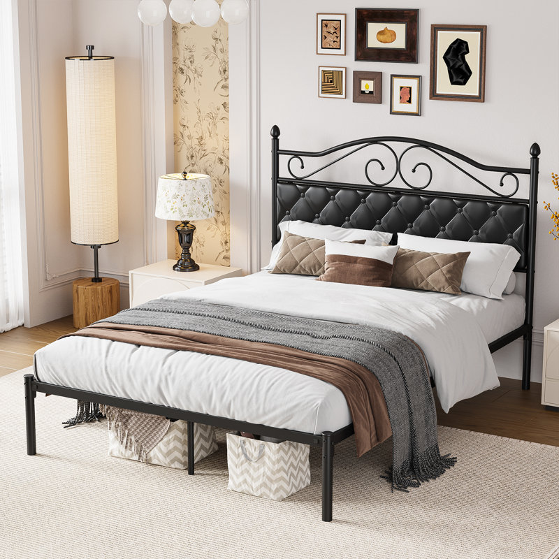 Vintage Metal Platform Bed With Premium Leather Headboard, Full / Double
