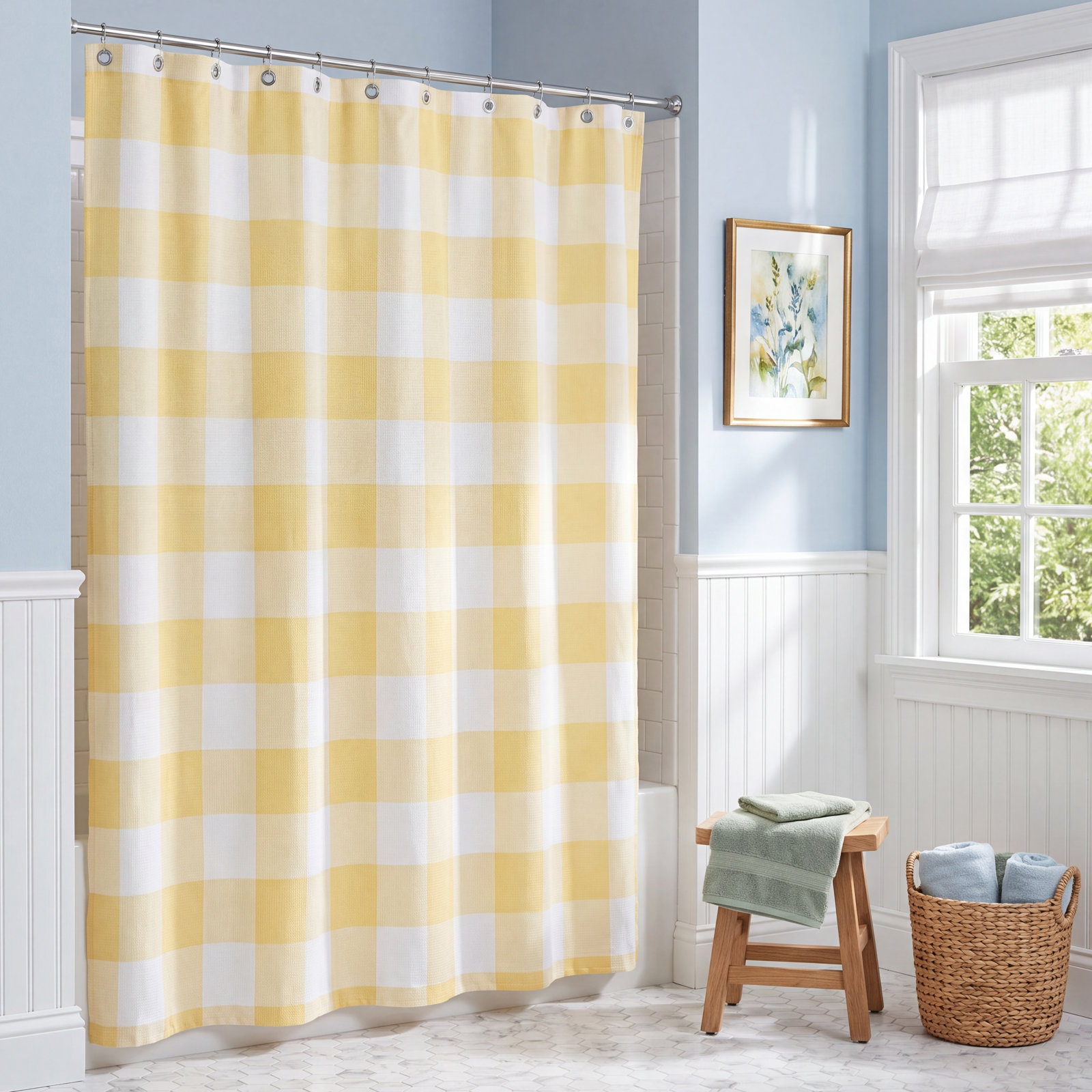 Hanka Plaid Shower Curtain, Yellow