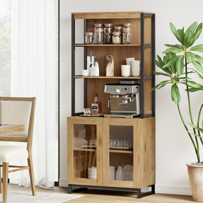 Modern 72" Sideboard With Glass Doors And Adjustable Shelves, Multifunctional Buffet Cabinet With Storage And Open Shelves For Dining Room Or Kitchen