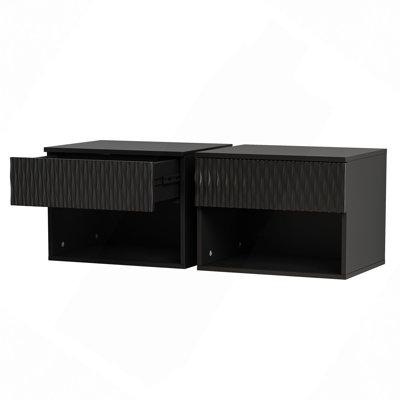 Ensemble de 2 tables de chevet avec armoire murale peu encombrante: tiroir, rangement ouvert, glissières à 3 sections, surface sculptée, anti-secousse, bricolage, pour chambre / bureau