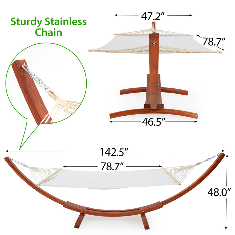 Hamac en bois à double barre d'écartement avec support, H 48 po x l 142,5 po x P 47,2 po