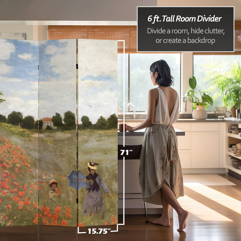 70.88" x 63" Double Sided Works of Monet 4 Panel Room Divider, 71" H x 64" W x 1" D