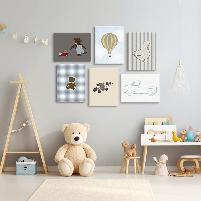 Boy Nursery Wall Art Baby Room Canvas Wall Decor Vintage Adventure Nursery Prints Teddy Bear Boy Poster Toddler Wall Art Blue Pictures Hot Air Balloon Painting For Bedroom 12X16x6 Inch Ready To Hang