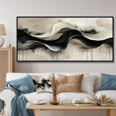 Grey On White Rhythmic Drizzle Ink River V - Abstract Modern Waves Wall Art for Living Room