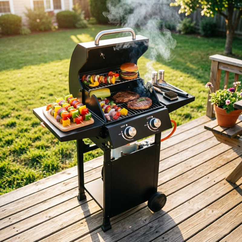 Barbecue au propane à 2 brûleurs, barbecue de 16 000 BTU avec tablettes latérales pour le patio