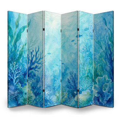 6 panneaux de paravents pliables cloison de récif de corail sous-marin, poissons, aquarelle, art, toile, écran, séparateur de pièce, cloison de protection autoportante, cloison d'intimité