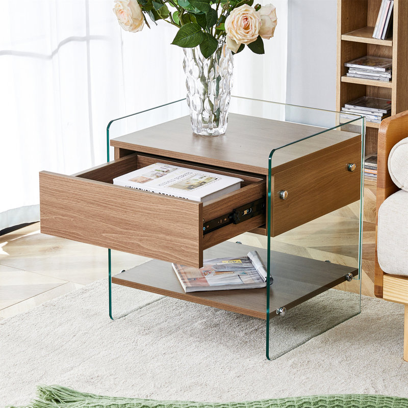 Drawer nightstand: mdf surface with stickers, tempered glass sides, sleek design, efficient storage for bedroom (108 characters)